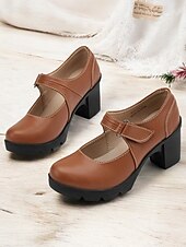 cheap Platform Heels-Women&#039;s Brown Mary Jane Heels with Velcro Strap – Comfortable Chunky Heeled Shoes for Casual and Everyday Wear