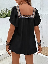 abordables Hauts de Vacances pour Femmes-Femme Chemise Chemisier Couleur unie mode Décontractées Manche Courte Col Carré Hauts réguliers du quotidien A Volants Patchwork Brodée Noir Blanche Eté Printemps