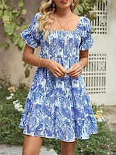ieftine Tipăriți rochii florale-Pentru femei Rochie Mini Rochie casual Rochie de vară Rochie Boho Elegant Stilat Manșon de lanternă Vacanță Zilnic Dată Fit regulat Grafic Manșon scurt De Pe Umăr Albastru regal Vară
