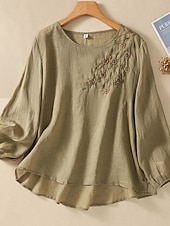 abordables Chemises-Femmes Chemise Chemisier Chemises en coton et lin Couleur Unie Basique Occasionnel manche longue Col ras du cou Hauts Réguliers Quotidien Broderie Blanche Rose Claire Fuchsia Vert Été Printemps