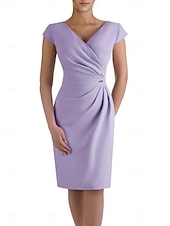 cheap Tea Length-Sheath Mother of the Bride Dress Wedding Guest Elegant V Neck Knee Length Stretch Fabric Short Sleeve with Ruched free custom size