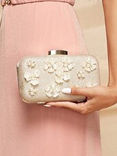 cheap Clutches &amp; Evening Bags-Women&#039;s 3D Floral Clutch with Pearl Accents and Gold Chain – Stylish Evening Bag for Weddings, Parties and Formal Occasions Silver Black Gold