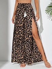 billige brede ben og høy midje-Dame Bred Bukseben kinesisk Mote Gatemote Full lengde Høy Midje Leopard Delt Printer comfy Myk Bekvem Mikroelastisk utendørs Gate Leopard Sommer Vår Normal