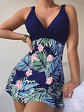 olcso Fürdőlapok-Womens úszódresszek hasellenőrző tankini fürdőruha hátsó zipzárral hasellenőrző magas derekú slim nyaralós tengerparti viselet grafikus V nyakú ujjatlan fürdőruhák