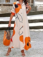 cheap Casual Floral Dresses-Women&#039;s Long Dress Maxi Dress Shirt Dress Casual Dress Summer Dress Stylish Casual Vacation Daily Date Regular Fit Floral Graphic Long Sleeve Lapel Black And White Black Blue Orange Summer Spring