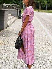 abordables Robes fleuries décontractées-Femme Robe Maxi Robe casual Robe Portefeuille Robe Trapèze mode Décontractées Vacances du quotidien Standard Floral Manche Courte Col V Rose Claire Rouge Eté