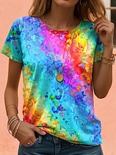 cheap Tie Dye&amp;Gradient tee-Women&#039;s T Shirt Gradient Casual Short Sleeve Round Neck Regular Tops Daily Print Blue Purple Green Rainbow Summer
