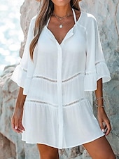 cheap Beach Dresses-Women&#039;s Swimwear Cover Up Swim Dress Swimsuit Cut Out Vacation Beach Wear Solid Color V Neck Long Sleeve Bathing Suits
