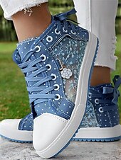 economico Sneakers da donna-sneakers alte in tela con lacci blu da donna con pannelli in rete ricamati, design a pois per abbigliamento casual e outdoor