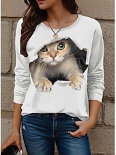 billige Dyrene tee-Dame T skjorte Katt Mote Moderne Fritid Langermet Crew-hals Vanlige topper Daglig Helg Trykt mønster Hvit Gul Rød Blå Dusty Blue Høst Vinter