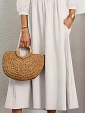 preiswerte Kleider aus Baumwolle und Leinen entwerfen-Damen Midikleid Baumwoll-Leinen-Kleider Freizeitkleid Basic Lässig Urlaub Täglich Normale Passform Einfach Dreiviertelarm V Ausschnitt Schwarz Weiß Armeegrün Sommer