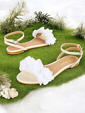 preiswerte Lässig-weiße, florale, offene, flache Sandalen mit Knöchelriemen für Damen – bequeme, lässige Sommerkleidung und Hochzeit