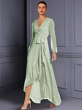 ieftine Lungimea podelei-Rochie tip A-line pentru mama miresei Invitat la nuntă Elegant Înalt-Scurt Gât în V Asimetric Lungime de ceai Chiffon Mâneci lungi cu pliuri Fisură frontală 2025 mărime personalizată gratuit