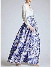 economico FLORALI-A-line Abito da Sera Abito Ad Alta Fessura Matrimonio in Spiaggia Formale Ospite di Matrimonio Lunghezza Piena Maniche Lunghe Scollo a V Cintura  Nastro Satin con Stampa Floreale Fessura Abito Derby