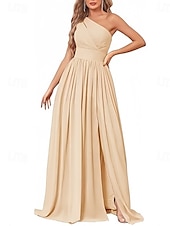 baratos Vestidos para Madrinhas-vestido de dama de honra em corte A, um ombro, sem mangas, elegante, longo, chiffon, com pregas / frente aberta / franzido 2025