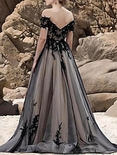 cheap Prom Dresses-A-Line Prom Dresses Elegant Dress Formal Cocktail Party Sweep / Brush Train Short Sleeve Sweetheart Tulle with Beading Appliques 2025