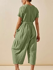 お買い得  カジュアルジャンプスーツ-女性用 標準 ジャンプスーツ 活発的 純色 半袖 ラウンドネック ポケット バケーション 日常 レギュラー ホワイト グリーン カーキ色 夏