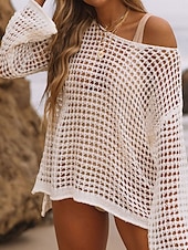 cheap Beach Dresses-Women&#039;s Swimwear Cover Up Beach Dresses Swimsuit Lace Cut Out Vacation Beach Wear Plain Long Sleeve
