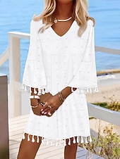preiswerte Weiße Spitzenkleider-Damen Minikleid Weißes Kleid Brautkleider schlicht Ausgestellter Ärmel Urlaub Täglich Lockere Passform 3/4 Ärmel V Ausschnitt Weiß Hellgrün Sommer