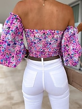 voordelige Bloemen Blouses-Dames Overhemd Blouse Afdrukken Blote rug Bloemig Stijlvol Casual Lange mouw Strapless Normale tops Dagelijks Zwart Wit Rood Paars Zomer Lente