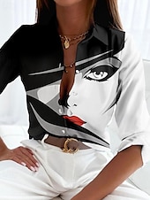 voordelige Vrouwen&#039;s Kunst &amp; Design Tops-Dames Shirt Basis Abstract Knopen Print Lange Mouw Regular Tops Shirt Kraag Casual Zwart Lente Herfst