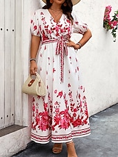 abordables Robes fleuries élégantes-Femme robe longue Robe casual Robe Trapèze Robe d&#039;été robe boheme Elégant Hawaïen mode Vacances du quotidien Rendez-vous Standard Floral Manche Courte Col V Blanche Eté