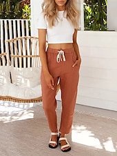 baratos Calça de linho de algodão simples-Mulheres Calças de linho de algodão Calças Leve Casual Mimolet Cintura Média Tecido Bolsos Com Cordão Respirabilidade Confortável Sem Elasticidade Casual / Diário Final de semana Azul de céu claro