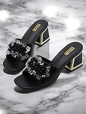 cheap Vacation Sandals-Women&#039;s Purple Slide Sandals with Pearl and Bead Embellishments – Fashionable Chunky Heel Mules for Casual Outings and Evening Events
