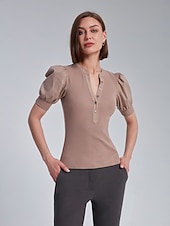 economico Bluse e camicie-Per donna Tinta unica Formale All&#039;aperto Ufficio Manica a Palloncino Nero Rosa Manica a sbuffo Manette Bottoni Davanti Manica Corta Elegante Moda Casual Quotidiano Dentellato Estate Primavera