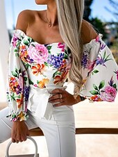 voordelige Bloemen Blouses-Dames Overhemd Blouse Afdrukken Blote rug Bloemig Stijlvol Casual Lange mouw Strapless Normale tops Dagelijks Zwart Wit Rood Paars Zomer Lente