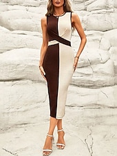 abordables Robes moulantes de soirée-Femme Robe mi-longue Robe en maille Robe casual Moulante Elégant Décontractées Vacances Travail du quotidien Standard Plein Sans Manches Col Ras du Cou Marron Eté