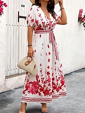 abordables Robes fleuries élégantes-Femme robe longue Robe casual Robe Trapèze Robe d&#039;été robe boheme Elégant Hawaïen mode Vacances du quotidien Rendez-vous Standard Floral Manche Courte Col V Blanche Eté