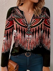 abordables T-shirt Boho-Femme T shirt Graphic Décontractées manche longue Col V Hauts réguliers du quotidien Zippé Imprimer Rose Claire Rouge Bleu Violet Vert Printemps Automne