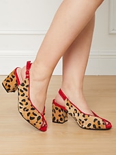 baratos sapatos slingback-Sapatos femininos de salto alto peep-toe com estampa de leopardo e acabamento vermelho e salto bloco para festas de estilo retrô e uso noturno
