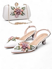 ieftine Semi-formal-Set de pantofi albi cu toc pisicuță cu ornamente florale de epocă și set clutch asortat pentru femei - ideal pentru nunți și ocazii formale