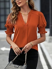 preiswerte Einfache Blusen-Damen Hemd Bluse Einfarbig Stilvoll Lässig Kurzarm Langarm V Ausschnitt Normale Oberteile Täglich Arbeit Ferien Schwarz Weiß Pudriges Rosa Orange Grün Sommer Frühling