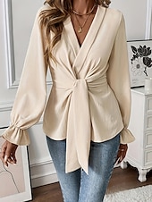 abordables Hauts de Travail pour Femmes-Femme Chemise Chemisier Couleur unie mode Décontractées manche longue Col V Hauts réguliers du quotidien nouer devant Kaki Printemps Automne