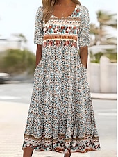 abordables Robes Bohémiennes-Femme Robe Maxi Robe casual Robe Évasée Robe Trapèze robe boheme Décontractées du quotidien Standard Floral Manche Courte Col V Noir Rouge bleu marine Bleu Roi Eté Printemps Automne