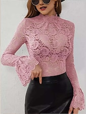 levne Krajkové topy-Dámské Krajkový sestřihový top stylové Dlouhý rukáv Tričkový Běžné topy Krajka světle růžově šedá Bílá Léto Jaro