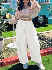 cheap Wide Leg &amp; High Waisted-Women&#039;s Wide Leg Chinos Basic Full Length High Waist Plain Pocket Elastic Waistband Comfy Soft Comfortable Micro-elastic Outdoor Street White Khaki Summer Spring Regular Fit