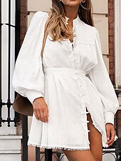 abordables robes imprimées en coton et lin-Femmes Mini Robe Robes inspirées du lin Robe en coton et lin Robe trapèze Élégant Basique Occasionnel Vacances Soirée Travail Coupe régulière Uni manche longue Col haut Blanche Été Printemps Automne