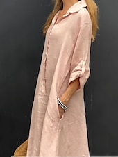 cheap Dresses-Women&#039;s Maxi Dress Cotton Linen Dresses Casual Dress Basic Casual Vacation Daily Regular Fit Plain Long Sleeve Shirt Collar Pink Green Gray Spring Fall