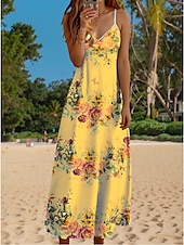 abordables Robes fleuries-Robe maxi femme Robe décontractée Robe d&#039;été Robe A Line Décontractée Fluide Vacances Quotidienne Ajustement régulier Imprimé floral Sans manches Col en V Noir Blanc Jaune Bleu Été Printemps Automne