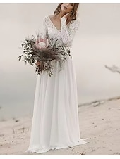billige Brudekjoler-Strand Åpen Rygg Boho Bryllups Kjoler A-Line V-hals Illusjons Hals Lang Erme Retrett Tog Chiffon Brudekjoler Bryllups Kjoler Med Bånd  Bånd Drapering