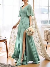 baratos Vestidos para Madrinhas-Linha A Vestido de Madrinha Decote V Manga Curta Frente Única Longo Chiffon / Elastano com Fru-Fru / Pregueado / Franzido 2022