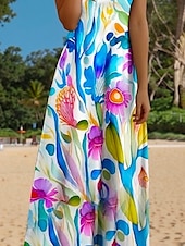 billige Blomstrete kjoler-Kvinne Maxi Kjole Casual Kjole Sundress A-Linje Kjole Casual Flowing Ferie Casual Daglig Regelmessig Passform Floral Blad Ermeløs V Utringning Blå Sommer Vår Høst