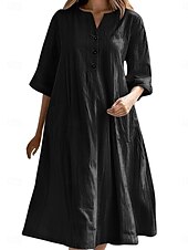 cheap Design Cotton &amp; Linen Dresses-Women&#039;s Midi Dress Cotton Linen Dresses Basic Casual Vacation Daily Regular Fit Plain 3/4 Length Sleeve Notched Neck Black Red Purple Light Blue Summer