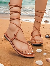 cheap Vacation Sandals-Women&#039;s Black Gladiator Lace-Up Sandals - Strappy Flat Design for Summer Beach and Casual Wear