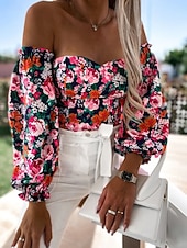 voordelige Bloemen Blouses-Dames Overhemd Blouse Afdrukken Blote rug Bloemig Stijlvol Casual Lange mouw Strapless Normale tops Dagelijks Zwart Wit Rood Paars Zomer Lente