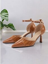 levne lodičky-dámské hnědé sandály na vysokém podpatku s krokodýlím vzorem špičaté špičky s páskem kolem kotníku – elegantní společenské a kancelářské boty pro formální příležitosti